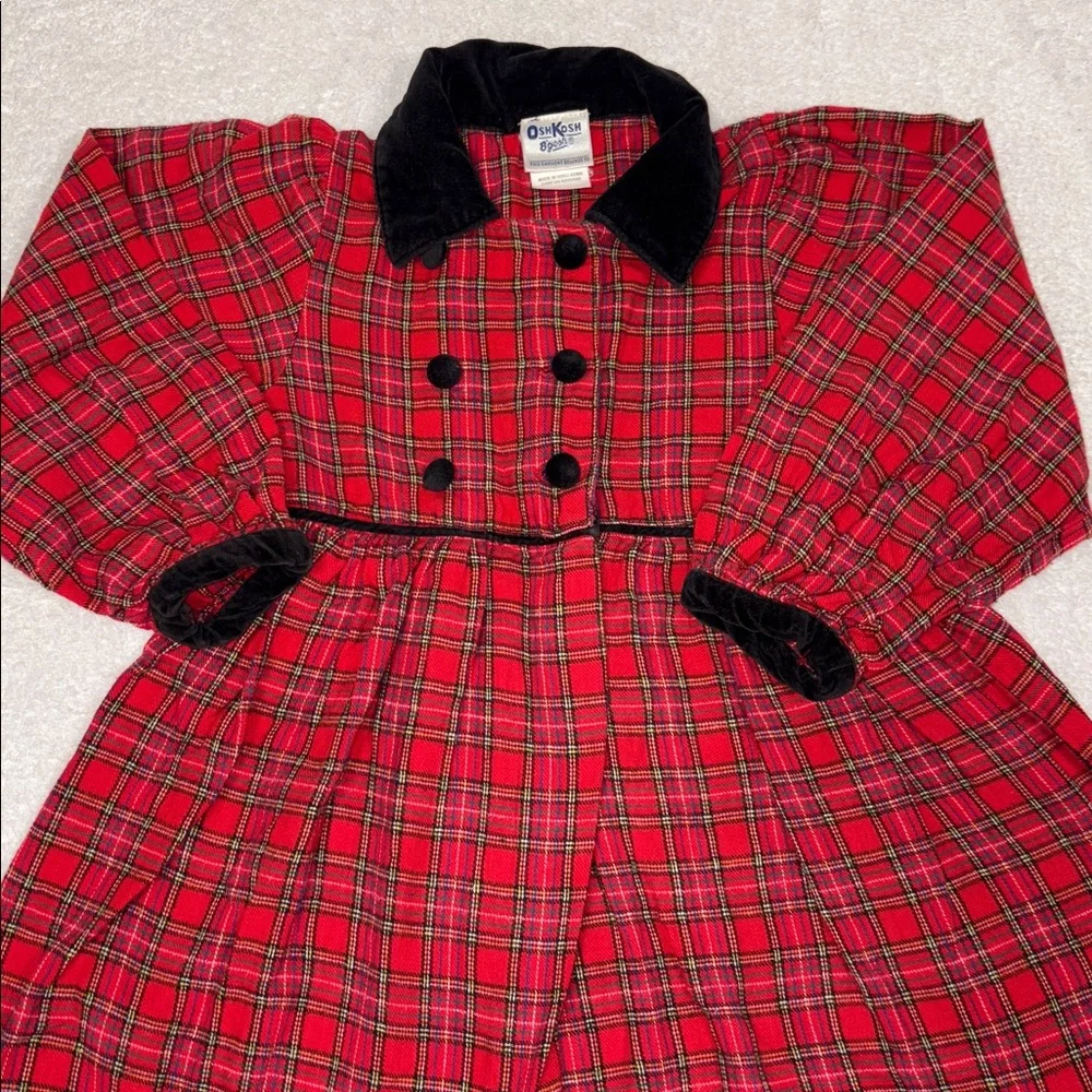 Vintage OshKosh B'gosh Red long sleeve Plaid black velvet trimmed dress girls 5